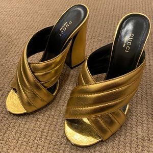 Gucci Metallic Nappa Silk Oro Vecchio Sandals 7.5